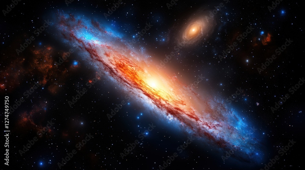 Fototapeta premium A stunning image of a spiral galaxy, showcasing vibrant colors of blue, orange, and white. This celestial marvel highlights the beauty and vastness of the universe.