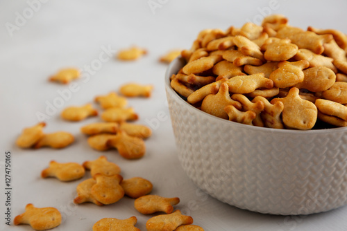 Mini Goldfish Crackers with Sea Salt in a Bowl, side view.
