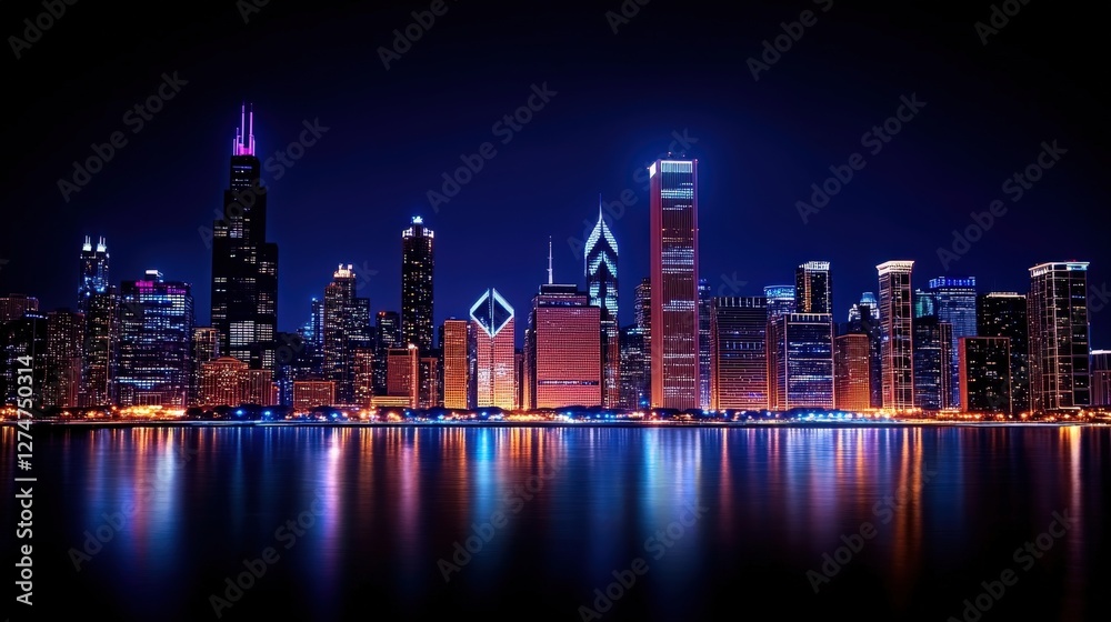 Fototapeta premium A stunning nighttime view of a vibrant city skyline, illuminated by colorful lights reflecting on the calm water, showcasing modern architecture and an energetic urban landscape.