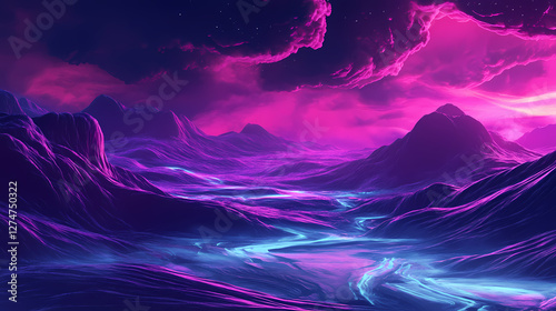 Futuristic neon landscape with turbulent winds. Electric Aurora Vortex. Illustration
