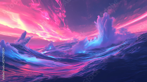 Futuristic neon landscape with turbulent winds. Electric Aurora Vortex. Illustration