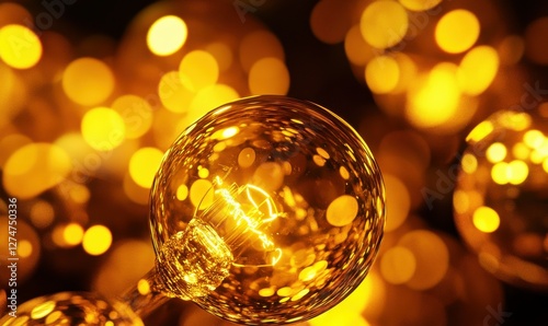 Abstract composition of lightbulbs glowing in warm yellow tones, sharp focus on filament details, dark background adding contras