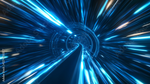 Futuristic warp tunnel with vibrant blue and white streaks, neon colors, high-speed light trails, immersive 3d rendering, dynamic sci-fi design. Electric Aurora Vortex. Illustration