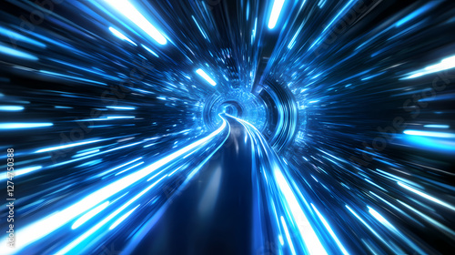 Futuristic warp tunnel with vibrant blue and white streaks, neon colors, high-speed light trails, immersive 3d rendering, dynamic sci-fi design. Electric Aurora Vortex. Illustration