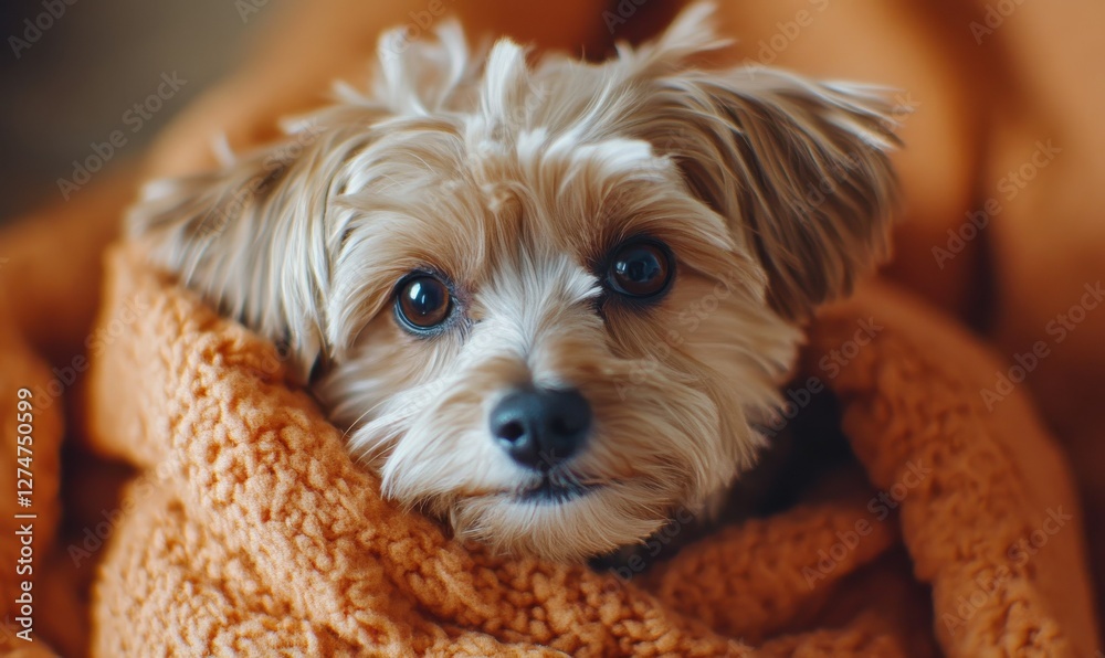 Adorable small dog wrapped in a cozy orange blanket, looking directly at the camera with an innocent expression, radiating warmth and comfort. Adorable small dog wrapped in a cozy orange blanket, looking directly at the camera with an innocent expression, radiating warmth and comfort.