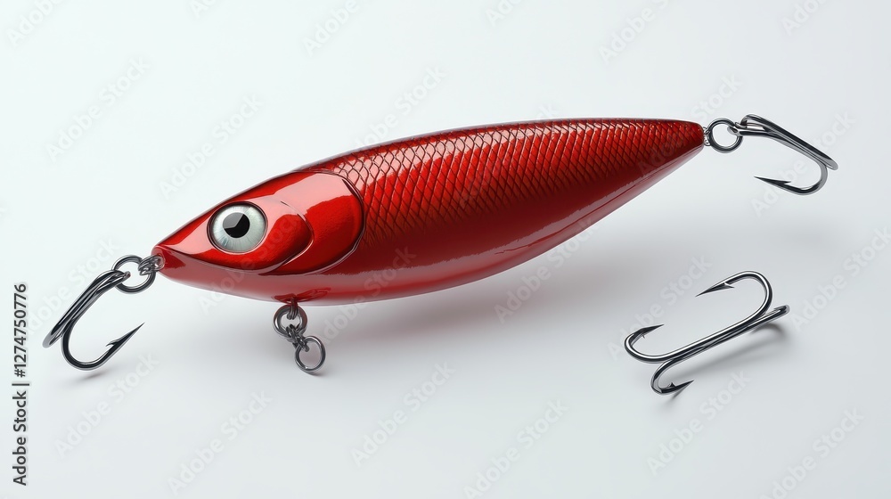 Shiny red fishing lure with metallic hooks on a clean white background Shiny red fishing lure with metallic hooks on a clean white background