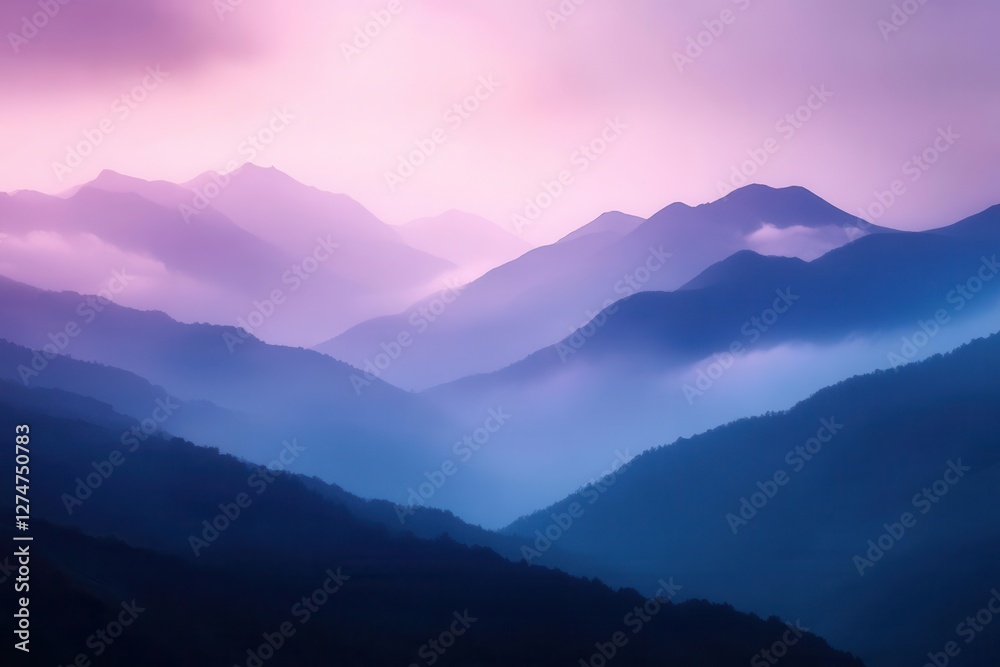 Fototapeta premium ethereal misty mountain landscape with layered purple and blue gradients, creating depth and mystery through atmospheric perspective
