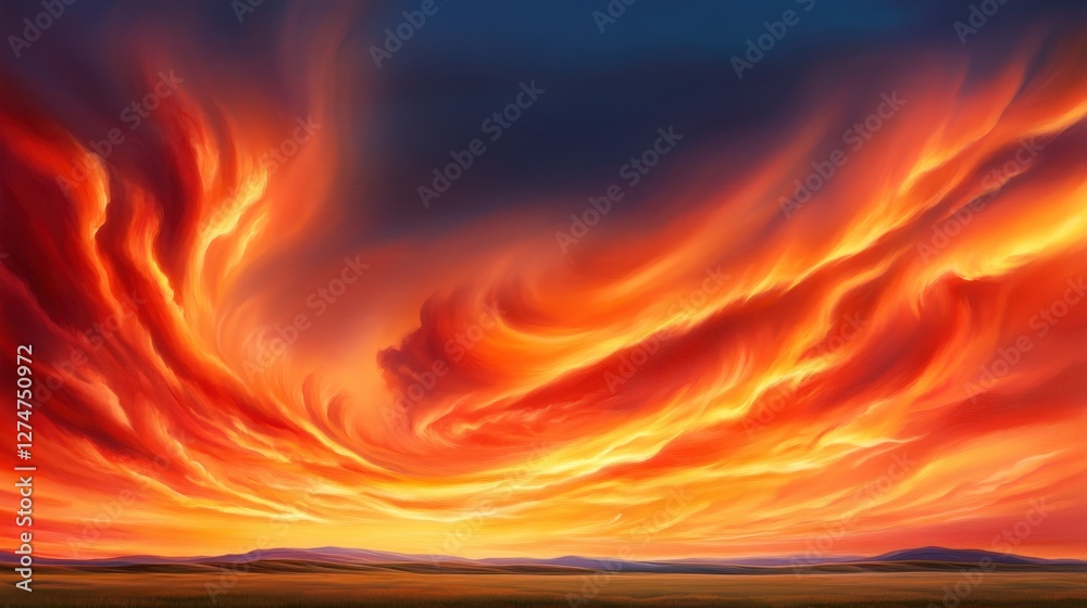 Fototapeta premium A stunning sunset paints the sky in vibrant hues of orange and red. The clouds swirl dramatically, creating a breathtaking natural spectacle against the serene horizon.