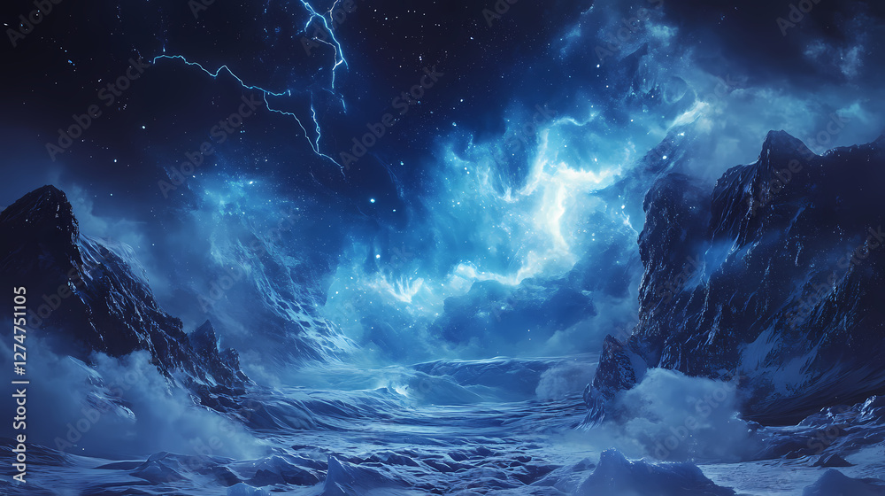 Fototapeta premium Swirling ice formations, glowing blue lightning bolts, ethereal landscapes. Electric Aurora Vortex. Illustration