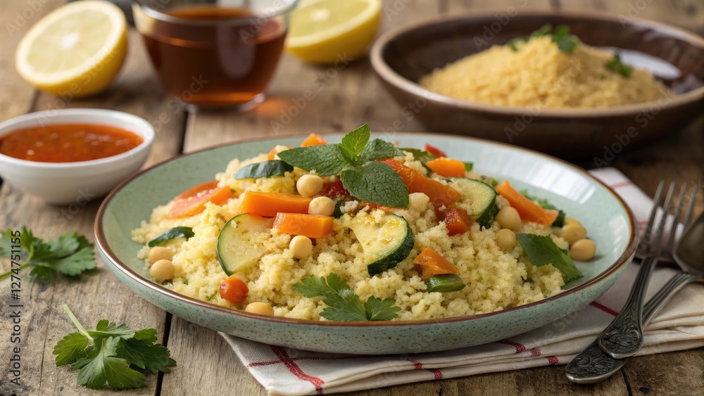 Vibrant Top Down View of a Colorful Couscous Dish. Generative AI Vibrant Top Down View of a Colorful Couscous Dish. Generative AI