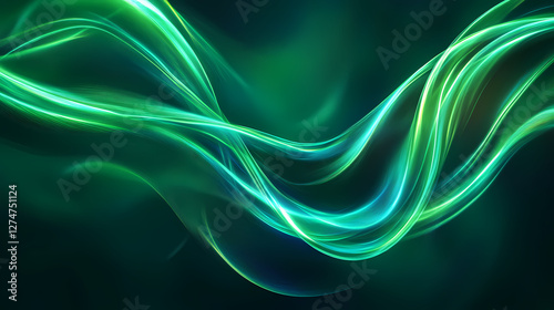 Swirling neon green energy waves on a dark abstract background with geometric shapes and vibrant colors, psychedelic, technology, luminous. Electric Aurora Vortex. Illustration