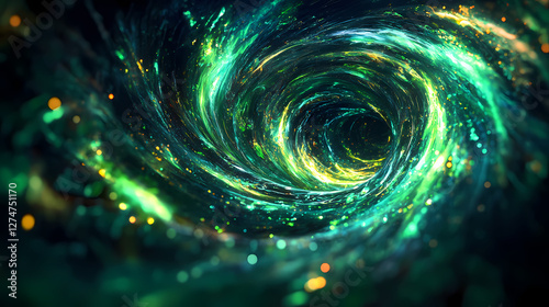 Swirling neon green energy waves on a dark abstract background with geometric shapes and vibrant colors, psychedelic, technology, luminous. Electric Aurora Vortex. Illustration