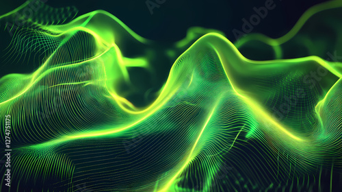 Swirling neon green energy waves on a dark abstract background with geometric shapes and vibrant colors, psychedelic, technology, luminous. Electric Aurora Vortex. Illustration