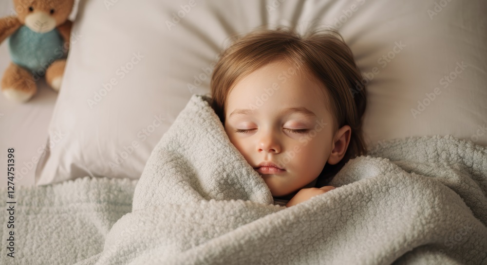 Young caucasian child sleeping peacefully in bed with soft blanket Young caucasian child sleeping peacefully in bed with soft blanket
