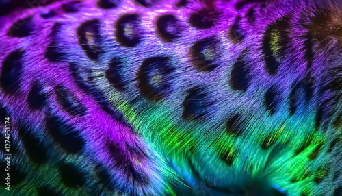 Vibrant neon leopard fur pattern - colorful animal print. Fur displays a mix of purple, blue, and green hues, creating an eye-catching and unique pattern.