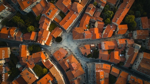 Aerial view of a charming European town, with terracotta rooftops, a central plaza and winding streets, perfect for travel or architectural photography. photo