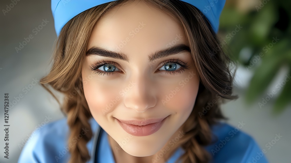 Naklejka premium Young Caucasian woman with bright blue eyes and braided hair wearing blue cap and hoodie smiling at camera with friendly expression. Close up portrait.