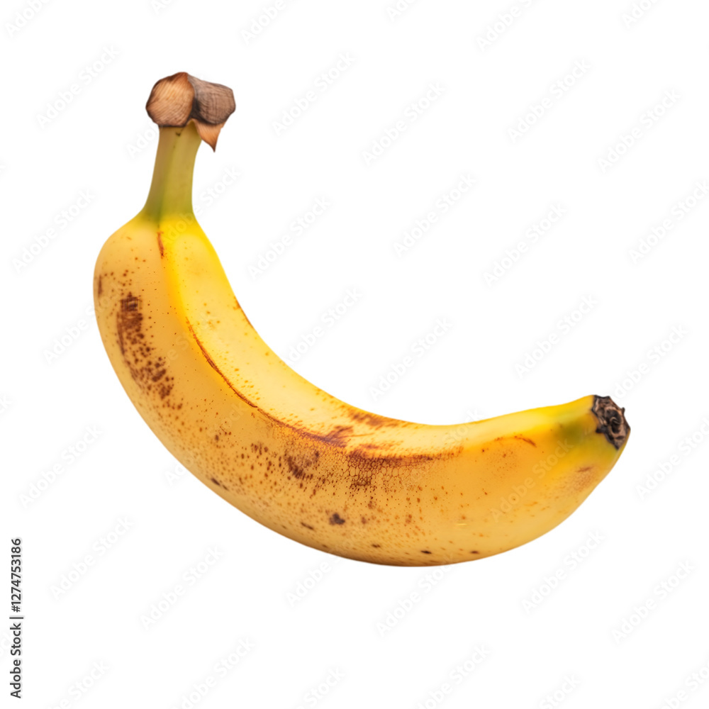 Curved ripe banana fruit with stem isolated in 3D cartoon style representing tropical snack food or natural healthy potassium rich organic produce Curved ripe banana fruit with stem isolated in 3D cartoon style representing tropical snack food or natural healthy potassium rich organic produce