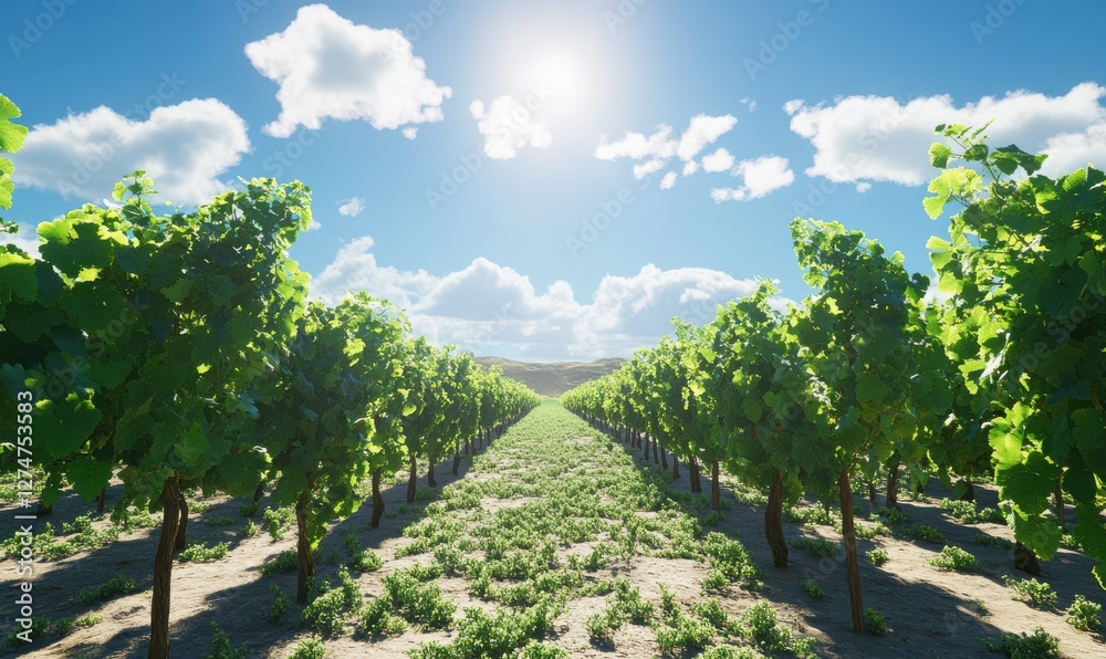 Picturesque vineyard with rows of lush green vines stretching into the distance, set under a clear blue sky and bright sunshine. Picturesque vineyard with rows of lush green vines stretching into the distance, set under a clear blue sky and bright sunshine.