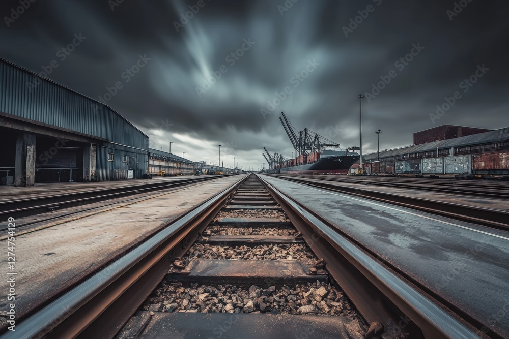 Fototapeta premium Dramatic perspective of train tracks leading to an industrial port with cranes and a cargo ship under stormy clouds, capturing the essence of transport and industry