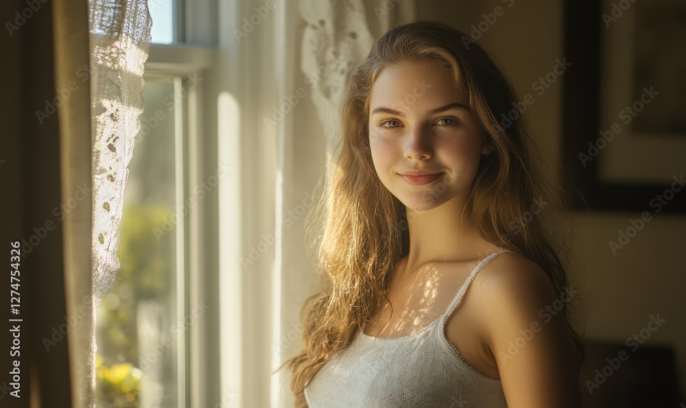 Portrait of a cheerful young woman standing by a sunny window, natural light highlighting her soft features. Portrait of a cheerful young woman standing by a sunny window, natural light highlighting her soft features.