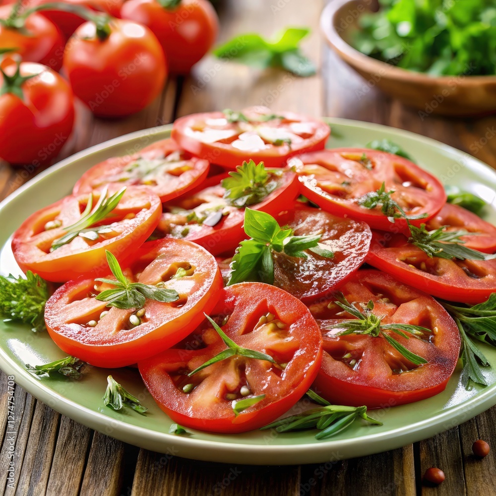 Sliced Tomatoes Garnished With Fresh Herbs on a Plate. Generative AI Sliced Tomatoes Garnished With Fresh Herbs on a Plate. Generative AI