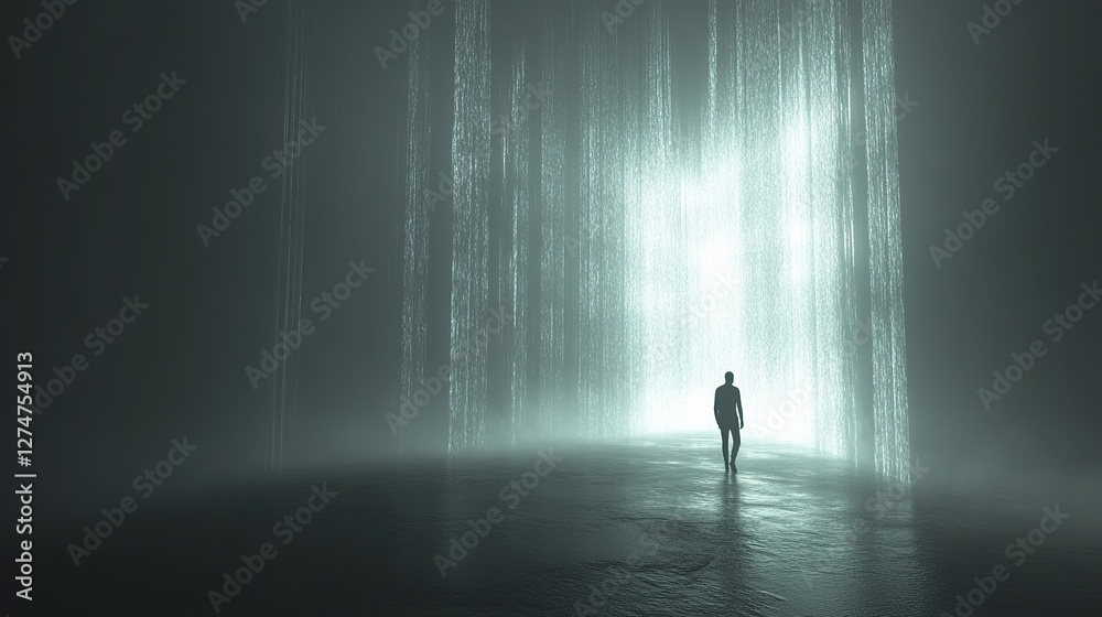 Mysterious figure walking through ethereal waterfall light abandoned space digital art dreamlike environment rear view surreal concept Mysterious figure walking through ethereal waterfall light abandoned space digital art dreamlike environment rear view surreal concept