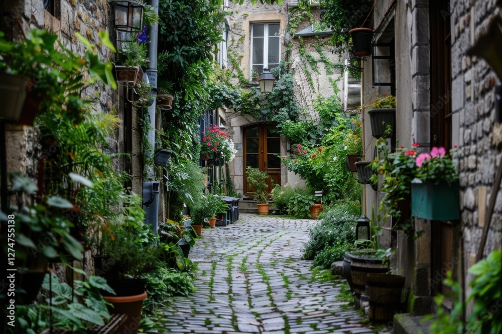 Fototapeta premium Charming cobblestone alleyway adorned with lush greenery and vibrant flowers, inviting exploration in a serene urban setting