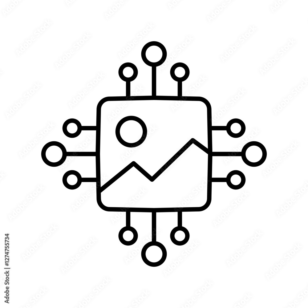 Minimalist AI Image Processing Icon in Line Art. Vector illustration of a microchip with an image symbol, representing AI-powered image processing, computer vision, and digital graphics Minimalist AI Image Processing Icon in Line Art. Vector illustration of a microchip with an image symbol, representing AI-powered image processing, computer vision, and digital graphics