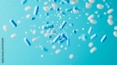Floating Blue and White Capsules on Clean Background
