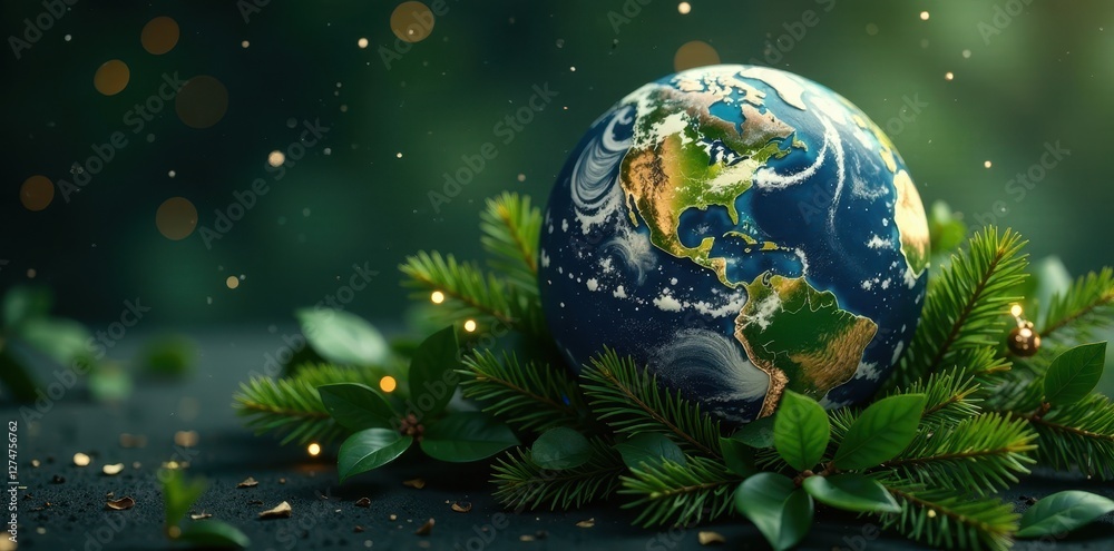 Naklejka premium Planet Earth as a Christmas present wrapped in green foliage, planet earth gift, cosmic wrapping