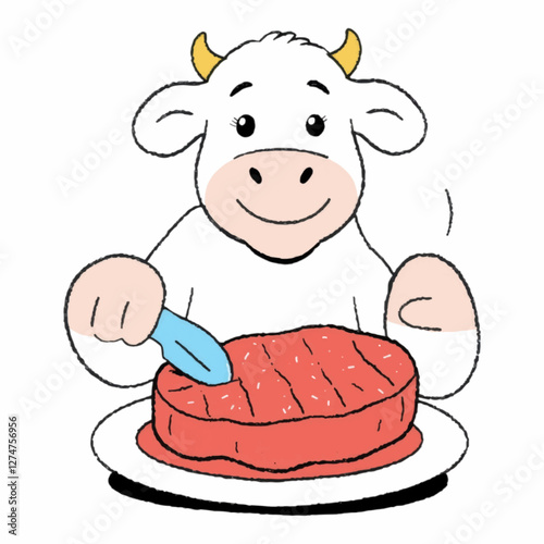 Illustration of a Happy Cow Holding a Steak Logo