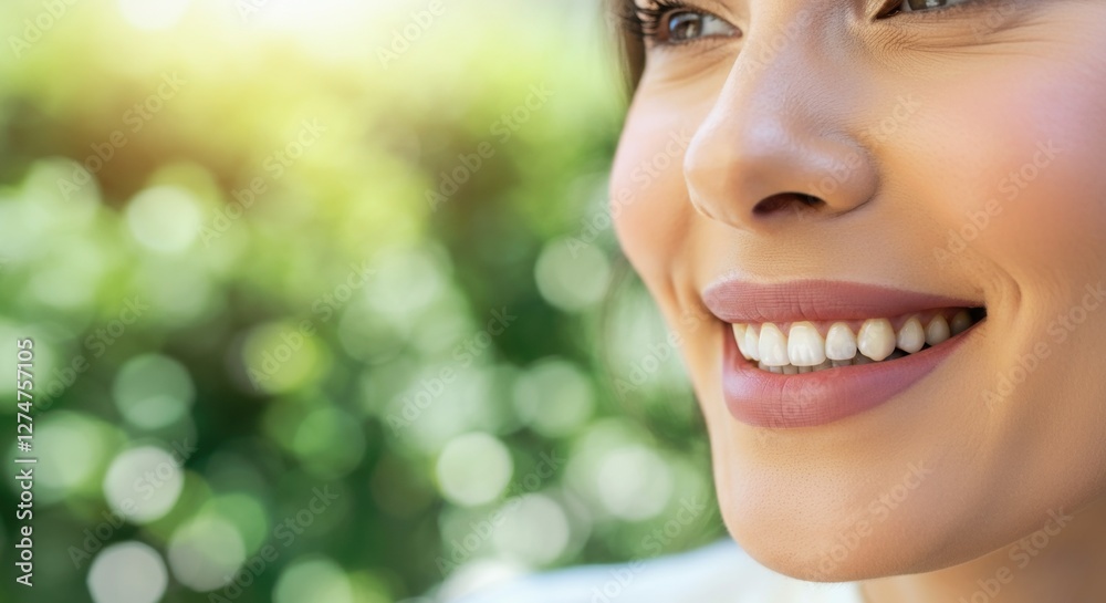 Close-up of smiling caucasian woman in nature with sunlit background bokeh Close-up of smiling caucasian woman in nature with sunlit background bokeh
