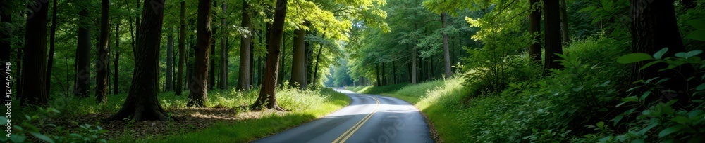 Fototapeta premium Serpentine road through dense deciduous forest, solitude, landscape