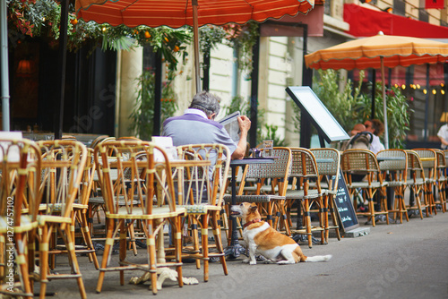 Canvas Print Man with his dog in an outdoors cafe in Paris, France.