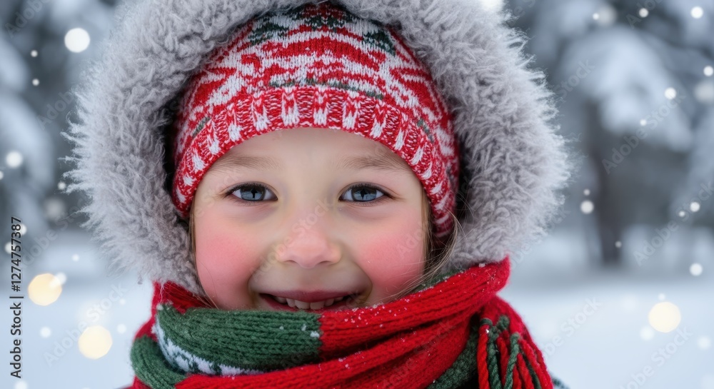 Smiling caucasian child in winter attire with snowy background Smiling caucasian child in winter attire with snowy background
