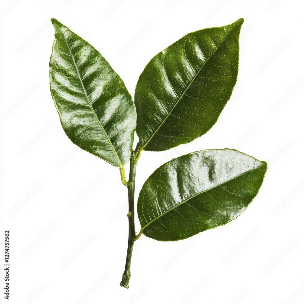 Fototapeta premium Crisp Fresh Lemon with Vibrant Green Leaves Isolated on Pristine White Background Showcasing Detailed Citrus Texture for Commercial Use