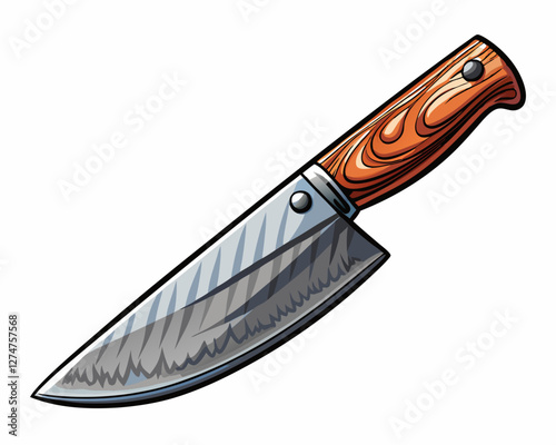 Vector drawing of a chef’s knife, ultra-sharp stainless steel blade, ergonomic black handle, realistic details on a white background.