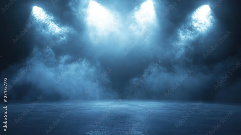 Fototapeta premium Dramatic Empty Concert Stage with Striking Illuminated Spotlights and Ethereal Smoke Creating an Atmospheric Backdrop with Ample Copy Space for Music Promotions