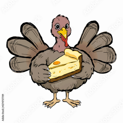Illustration of a Plump Turkey Holding Cheesecake Logo