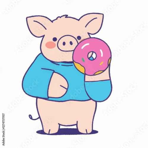 Illustration of a Cute Pig Holding a Pink Donut Logo