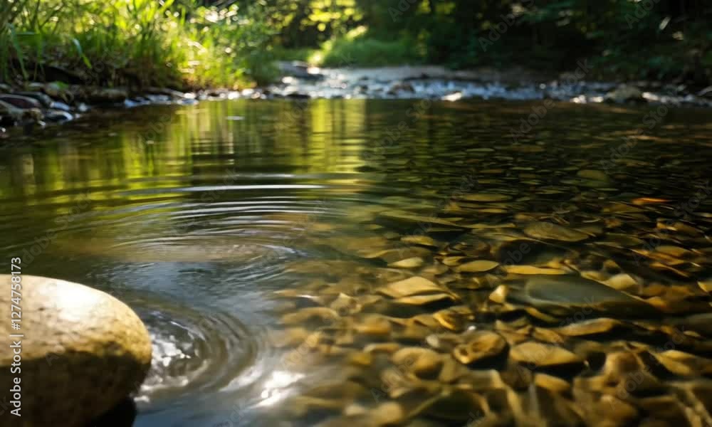 Serene Stream: A Tranquil River Scene with Clear Water and Pebbles Serene Stream: A Tranquil River Scene with Clear Water and Pebbles