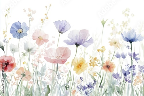 ethereal watercolor garden with translucent spring flowers in soft pastels, creating a dreamy botanical illustration