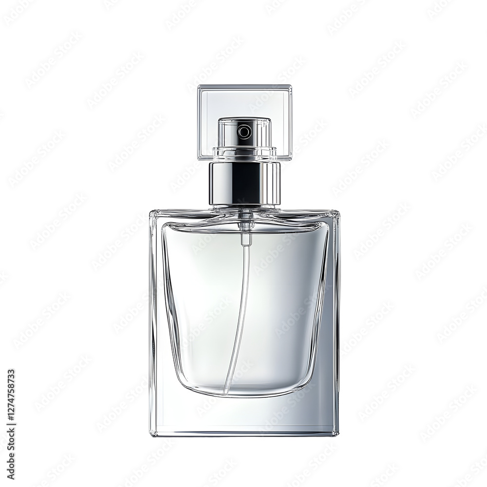 A glass bottle of perfume with a silver cap and sprayer. The bottle is clear and empty. A glass bottle of perfume with a silver cap and sprayer. The bottle is clear and empty.