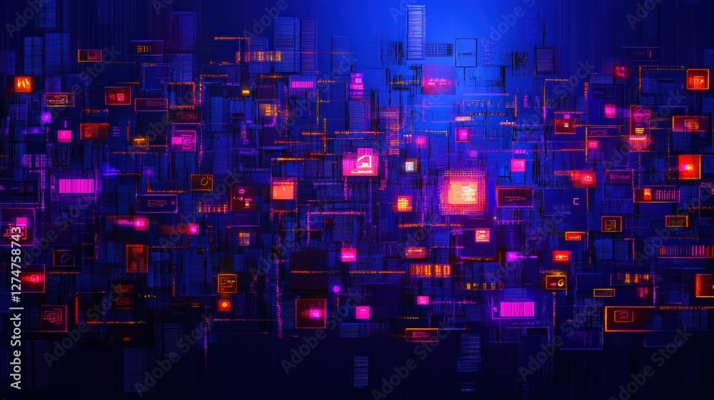 A vibrant digital abstract art piece featuring colorful interconnecting nodes and shapes on a deep blue background, symbolizing technology, communication, and innovation.