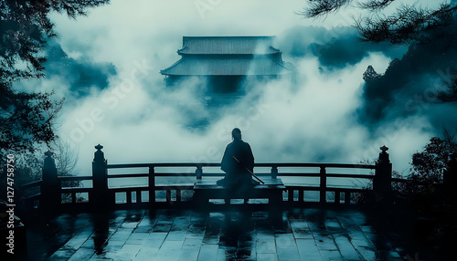 Misty Zen Garden, Silhouette figure, Tranquil meditation, Asian architecture, peaceful background. Potential use Stock photography for meditation, mindfulness, travel, and nature themes photo