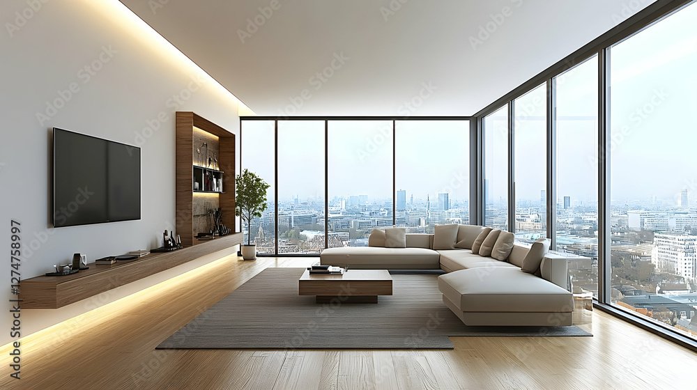 Fototapeta premium Modern apartment living room, city view, relaxing interior design, home decor