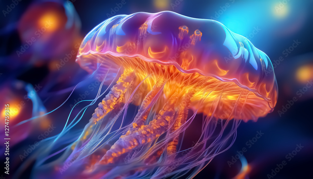Vibrant Glowing Jellyfish in Underwater Bioluminescent Display Vibrant Glowing Jellyfish in Underwater Bioluminescent Display
