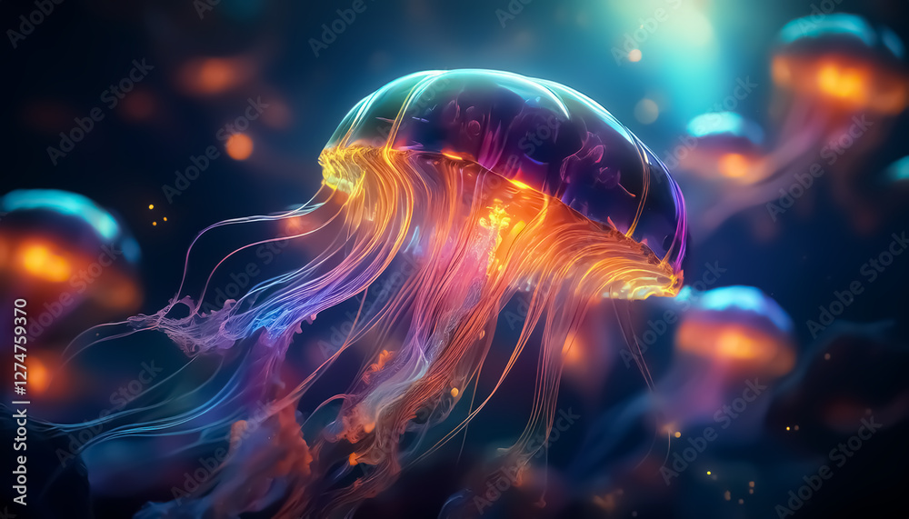 Vibrant Glowing Jellyfish in Deep Sea with Colorful Light Effects Vibrant Glowing Jellyfish in Deep Sea with Colorful Light Effects