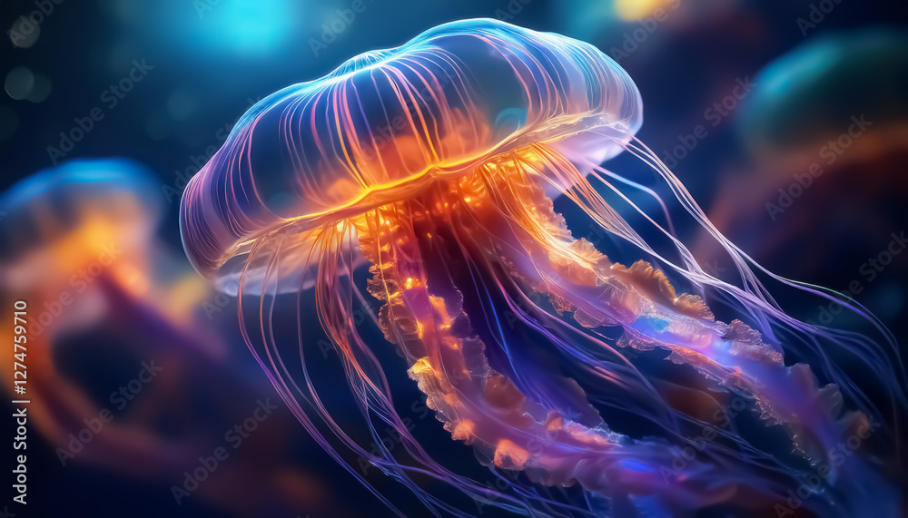 Vibrant Glowing Jellyfish in Deep Ocean Vibrant Glowing Jellyfish in Deep Ocean
